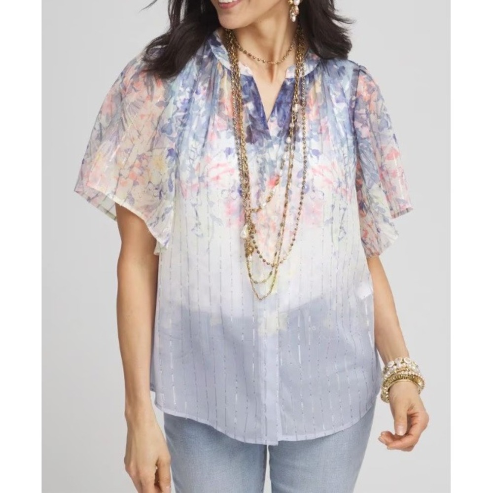 New Chico's Jacquard Flutter Sleeve Blouse size XL/3 Floral Metallic Shimmer Top